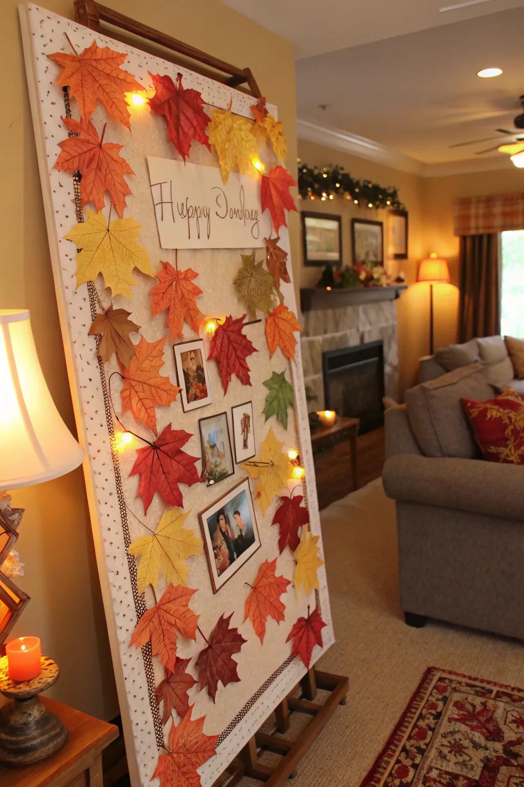 A seasonal birthday board celebrating autumn with vibrant leaves.