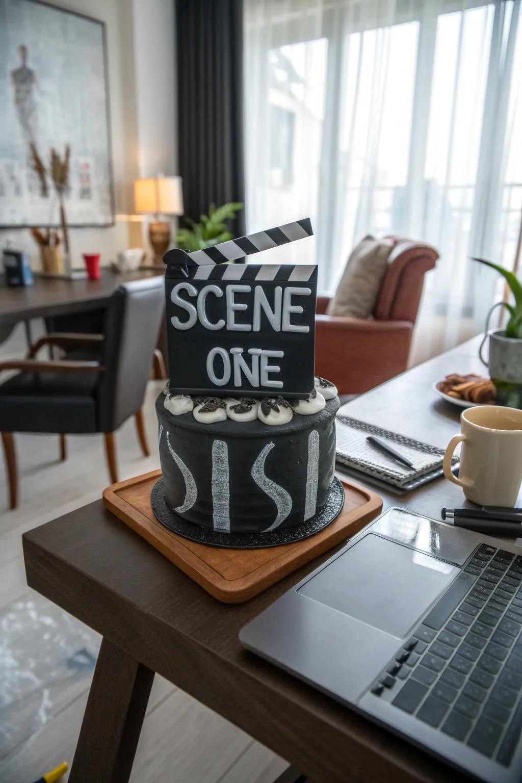 A clapperboard cake that captures the essence of filmmaking fun.