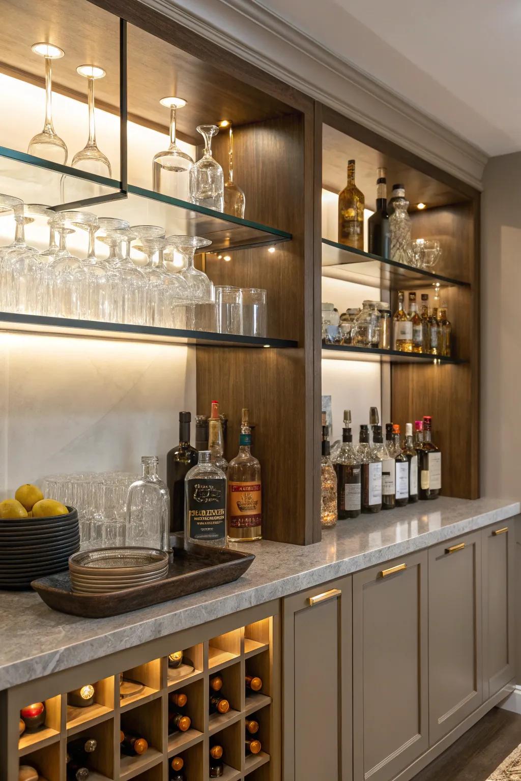 Open shelving showcases your bar essentials beautifully.