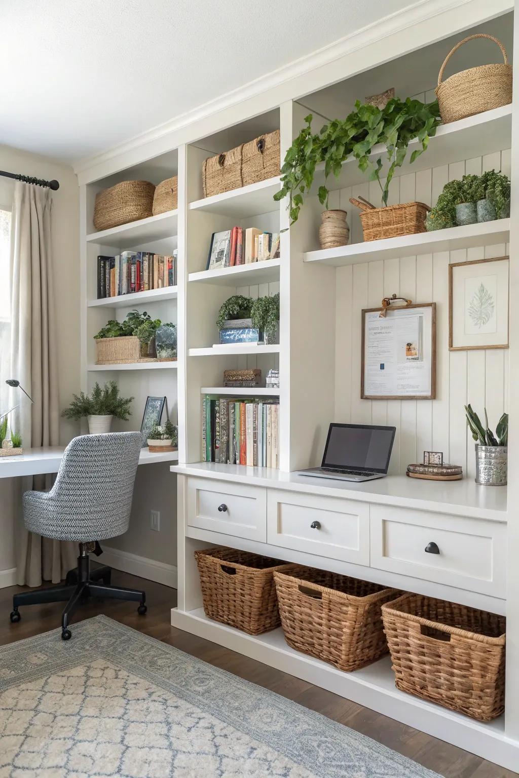 Efficient storage solutions keep your workspace organized and stylish.