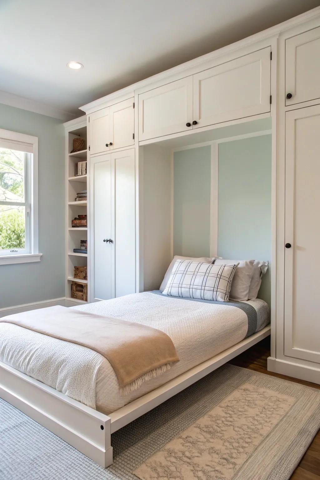 A minimalist bedroom with a chic foldaway bed, perfect for modern living.