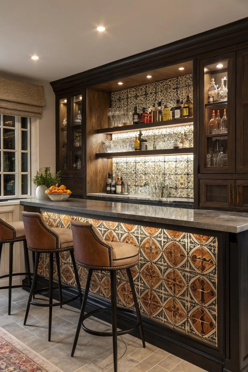 A bold backsplash adds drama and character to your bar.