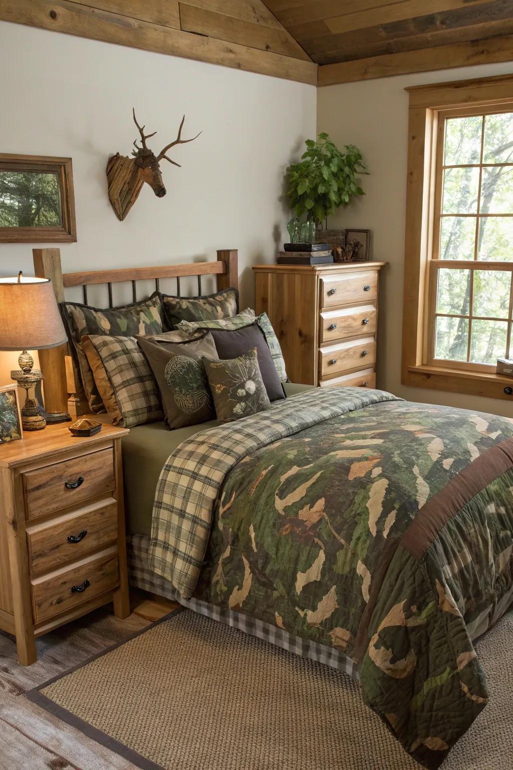Employ camouflage patterns to lend a spirited and themed touch to the area.