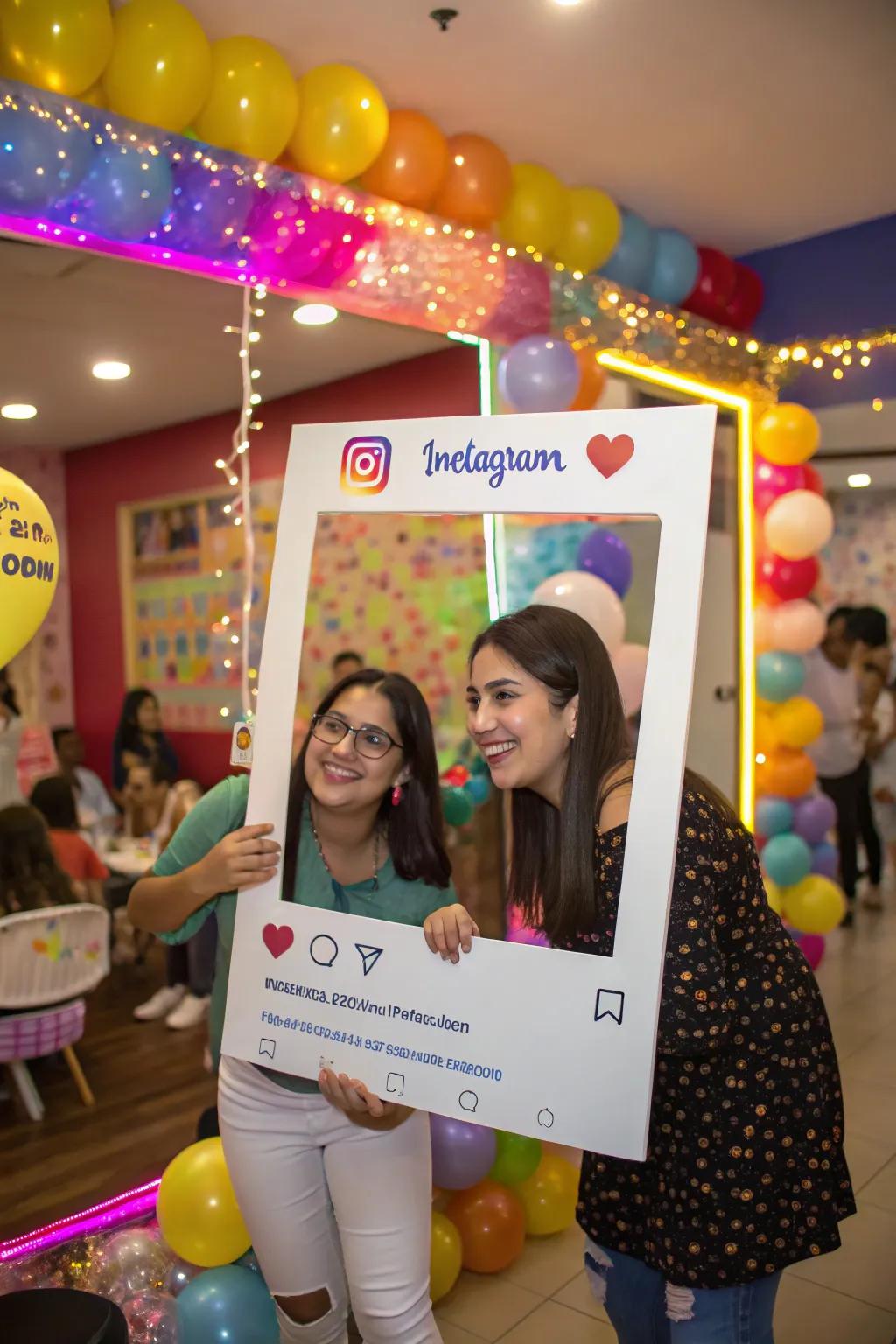 Guests enjoying playful moments with Instagram frame cutouts.