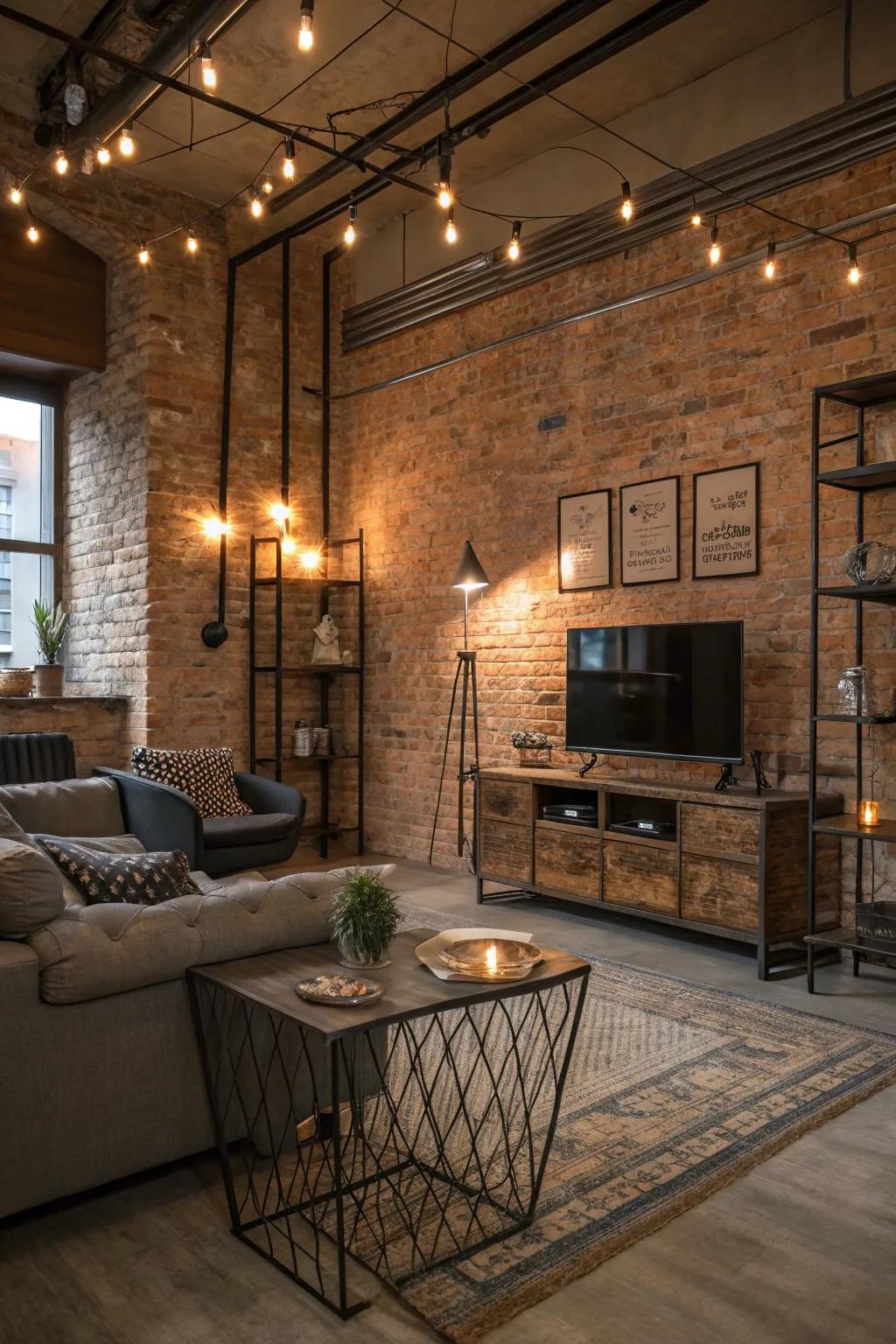 An industrial-inspired living space merging brick surfaces with contemporary designs for a fashionable, urban vibe.