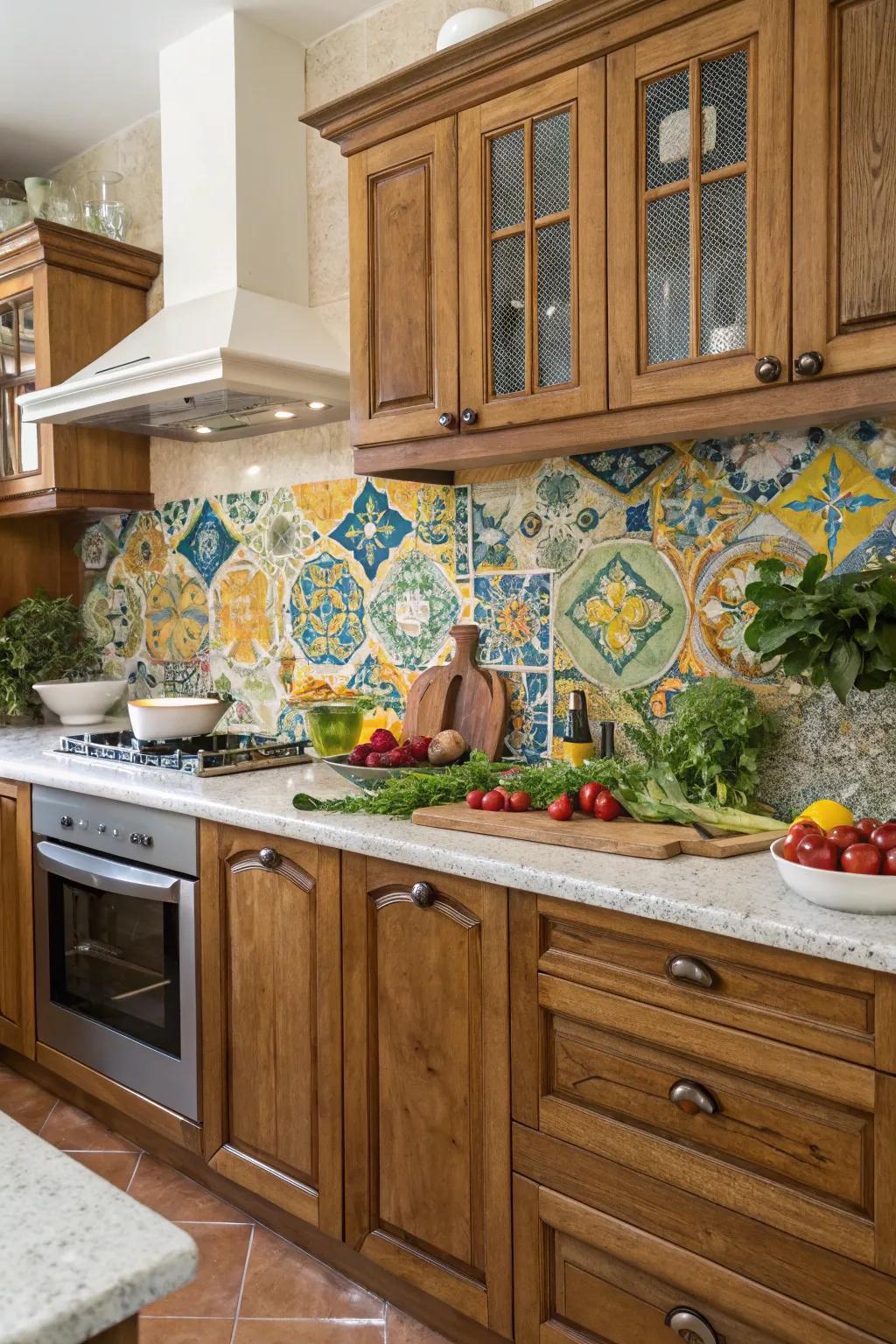 A vibrant panel backsplash incorporates an artistic touch to this Italian kitchen.