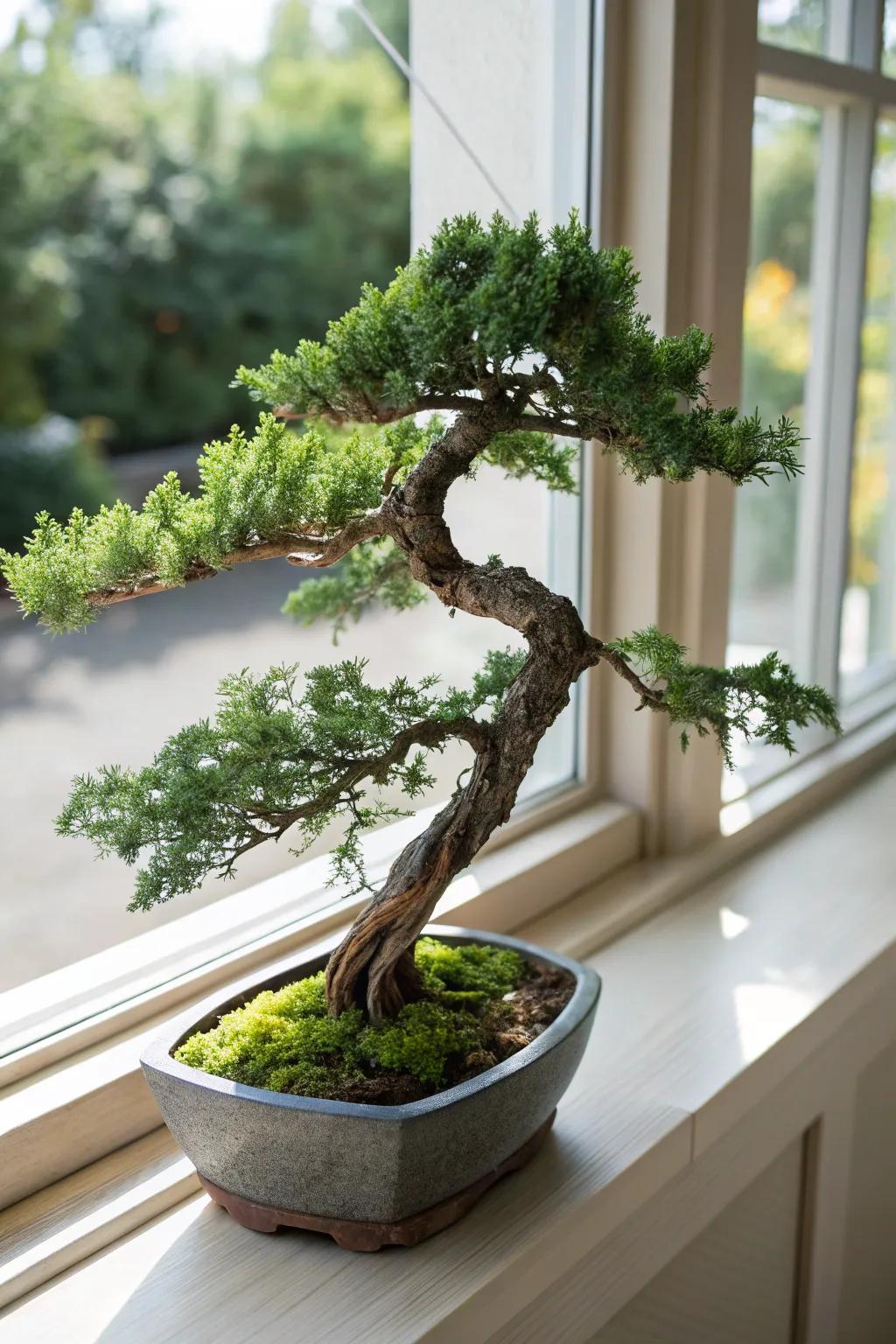 A cascade juniper bonsai gracefully draping over a pot on a sunny window sill.