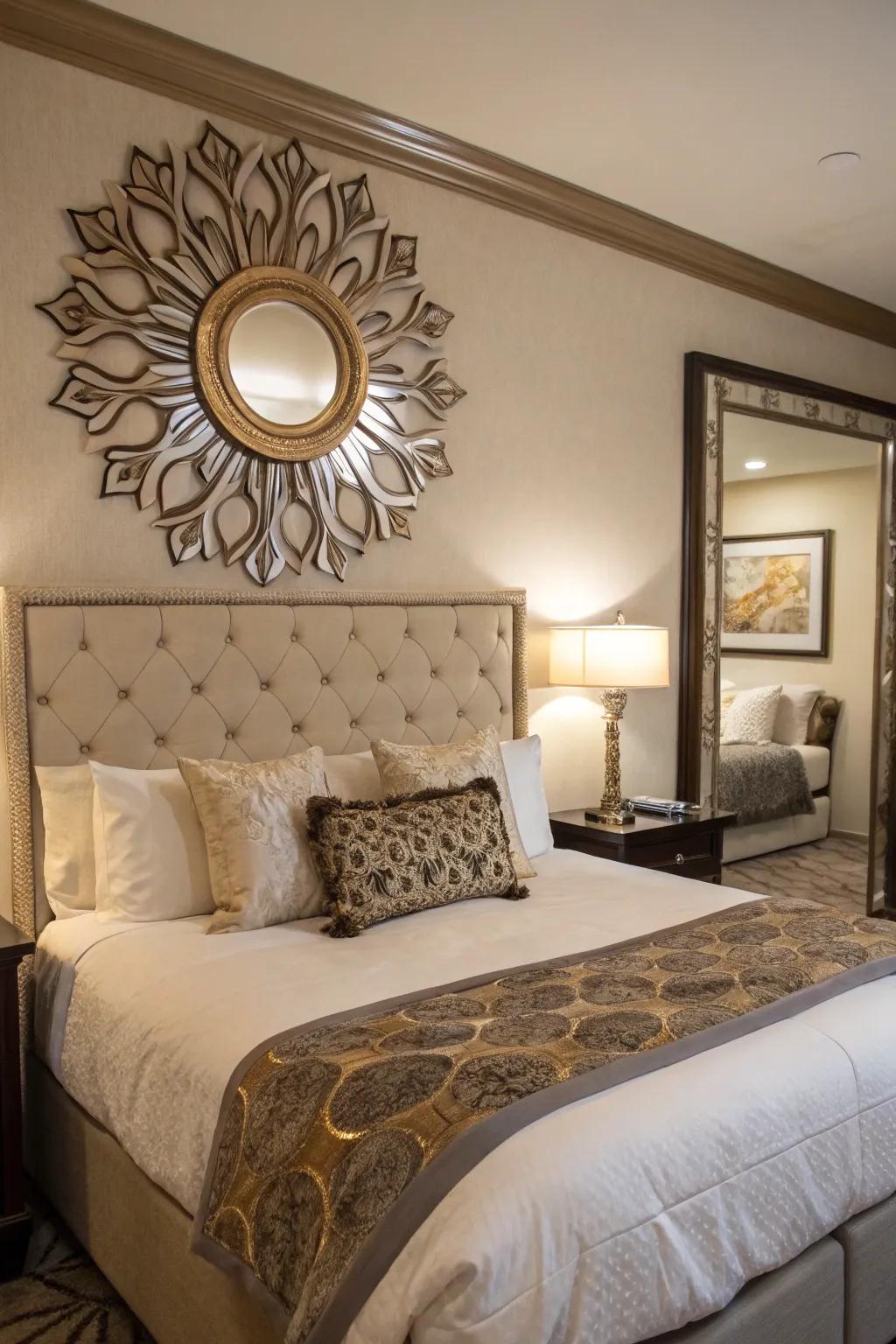 Artistic wall accents enhance the visual appeal of this king-sized bed.