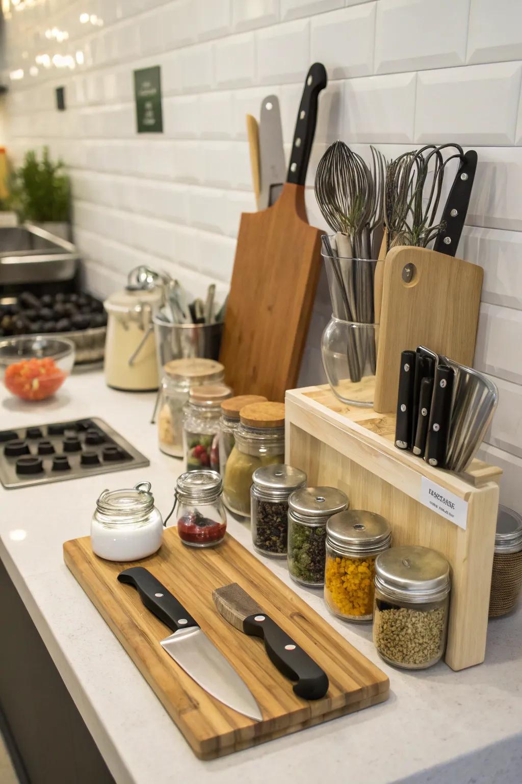 A utilitarian presentation featuring prep boards and culinary essentials ensures everything is accessible.