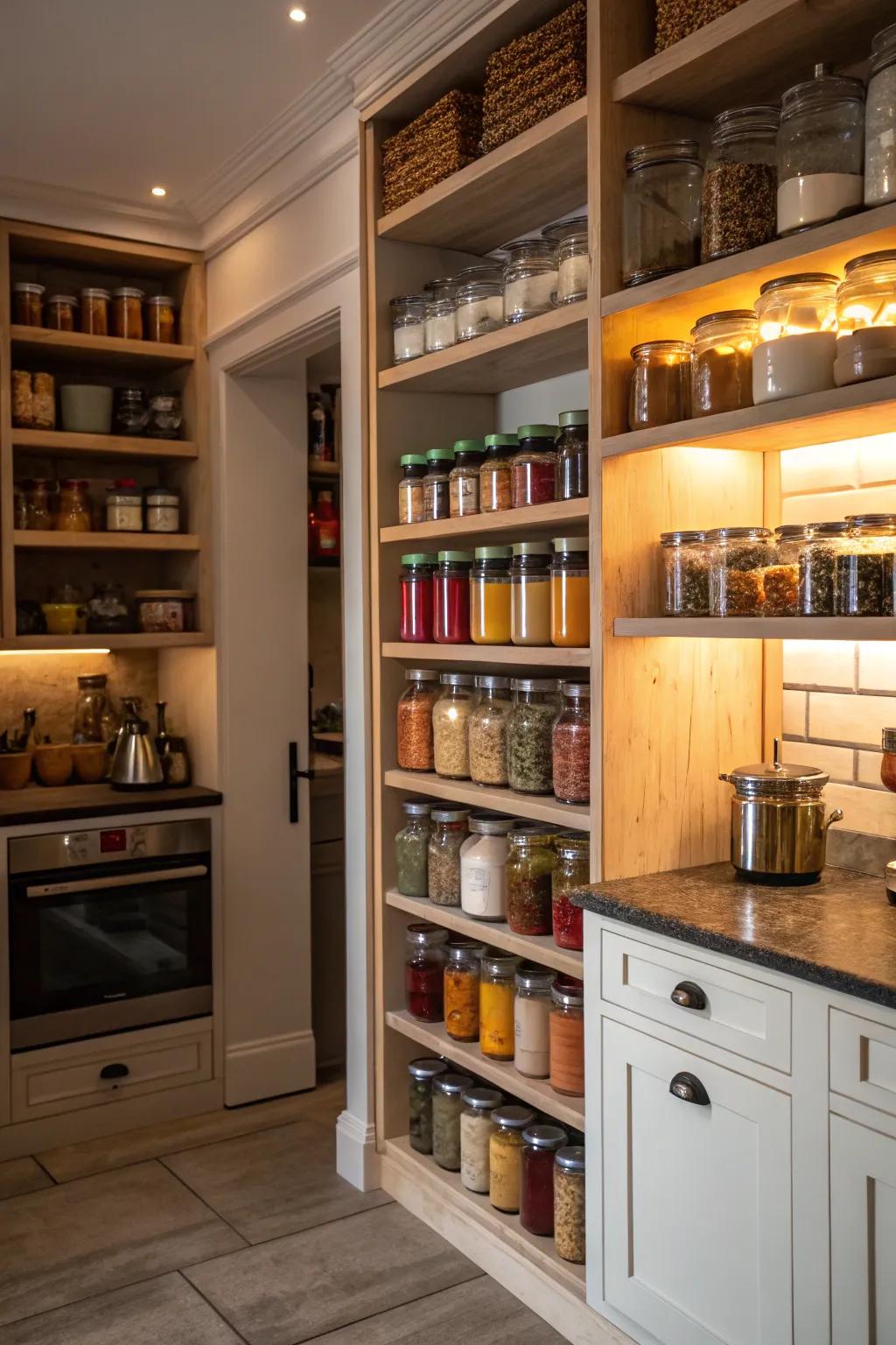 A corner pantry maximizes storage with vertical space.