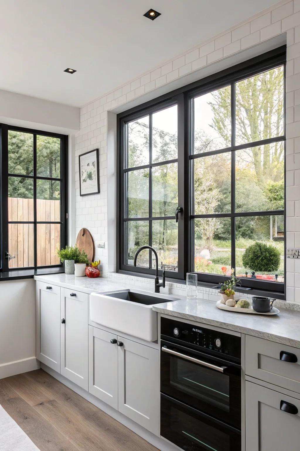 A modern kitchen equipped with sleek bold frame windows.
