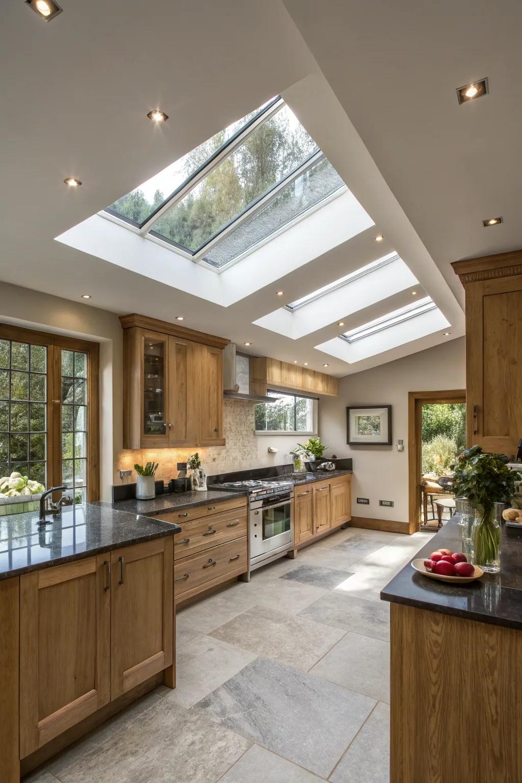 Custom-shaped skylights add a unique artistic touch to this kitchen.