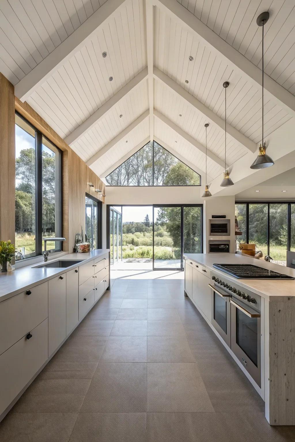 An open layout enhances the airy ambiance of this kitchen under a vaulted ceiling.