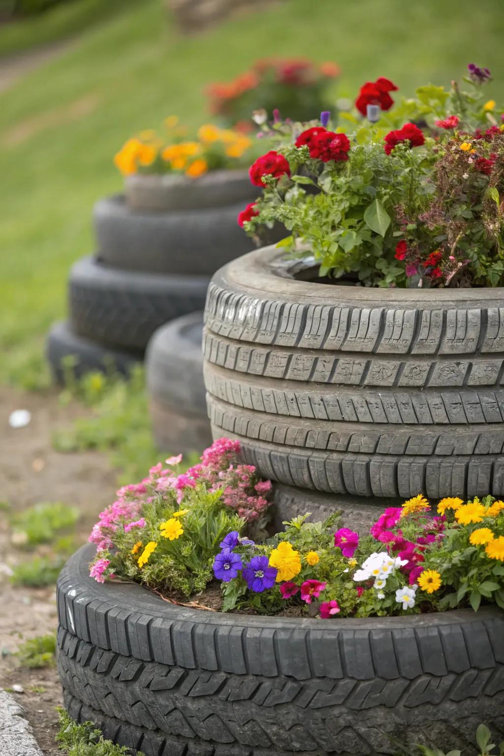 Recycled tires make for an eye-catching and sustainable raised bed.