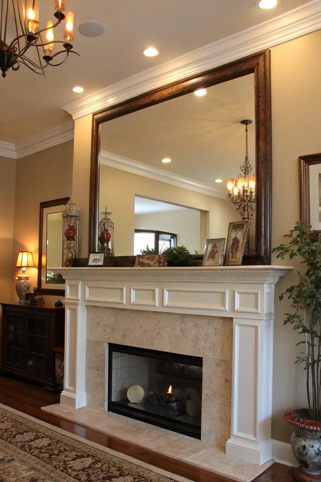 A mirror above the mantel serves as a stunning focal point.