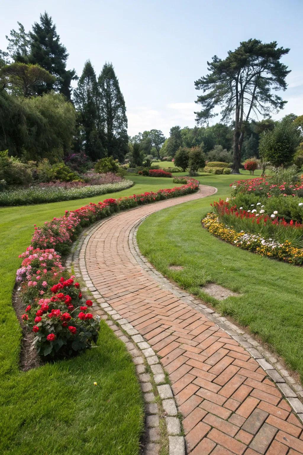 A charming brick pathway that meanders through a lush garden.