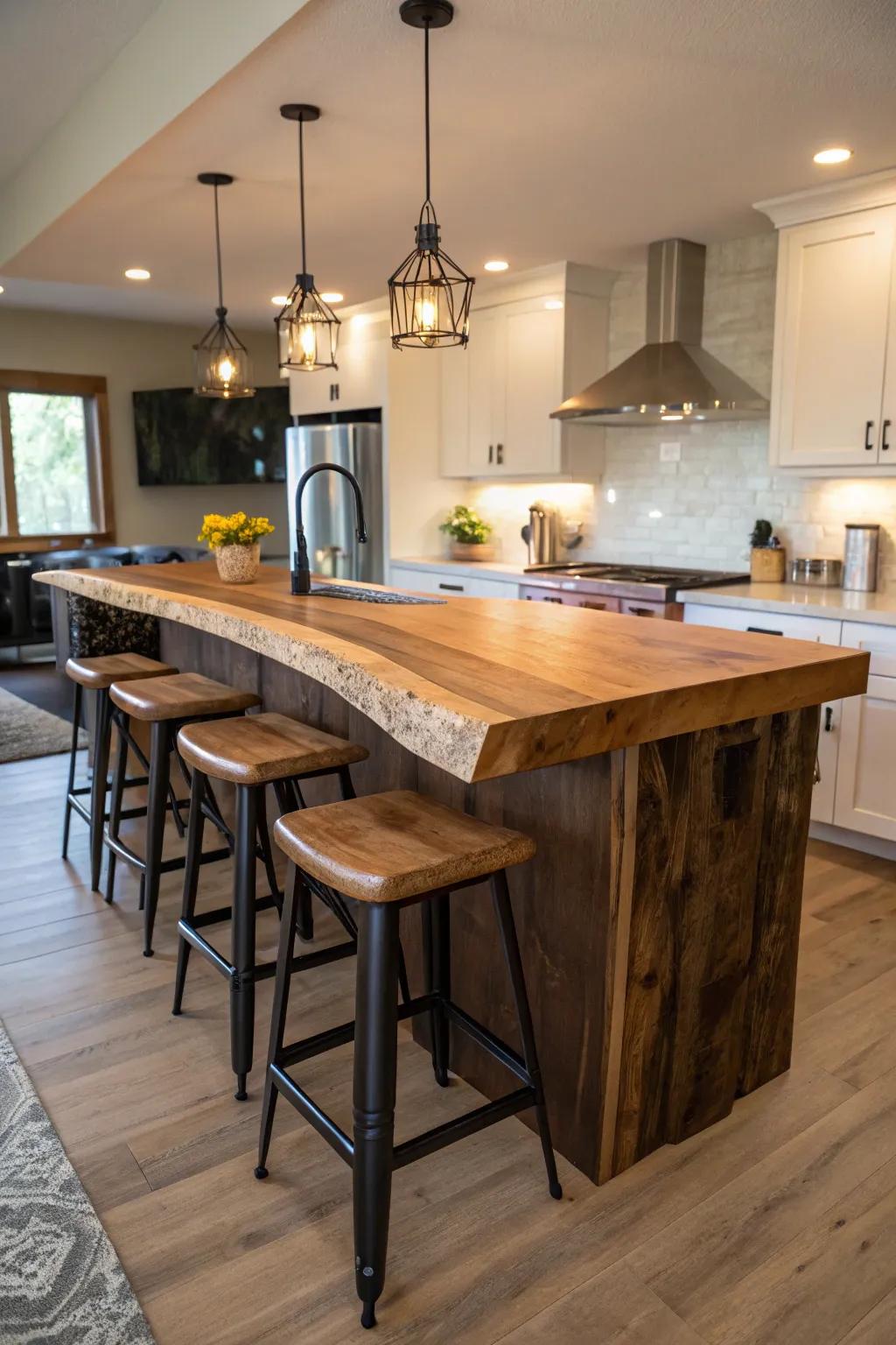 An inviting kitchen island with a live edge countertop perfect for social gatherings.