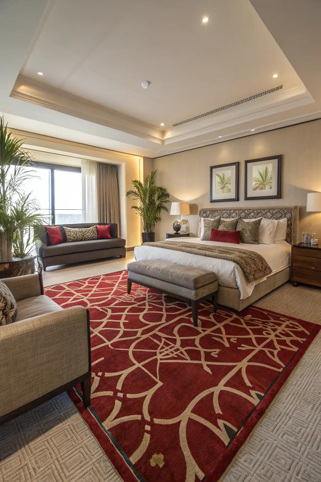 A rug serves as a visual divider and adds coziness to the room.