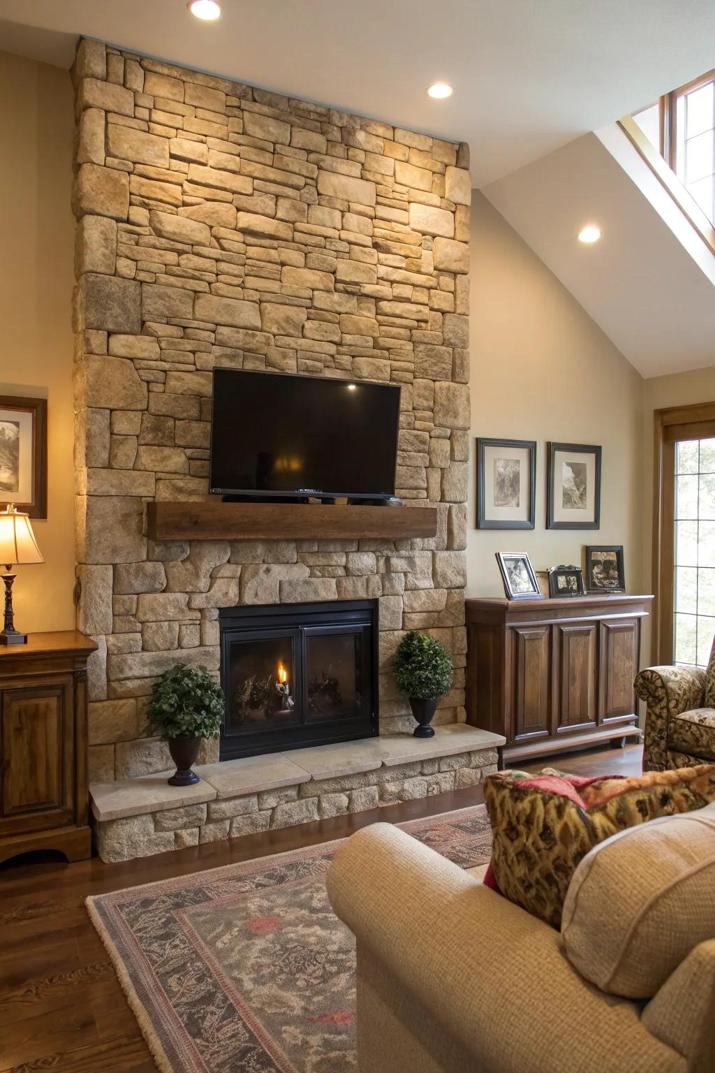 Textured walls offer depth and character to the space.