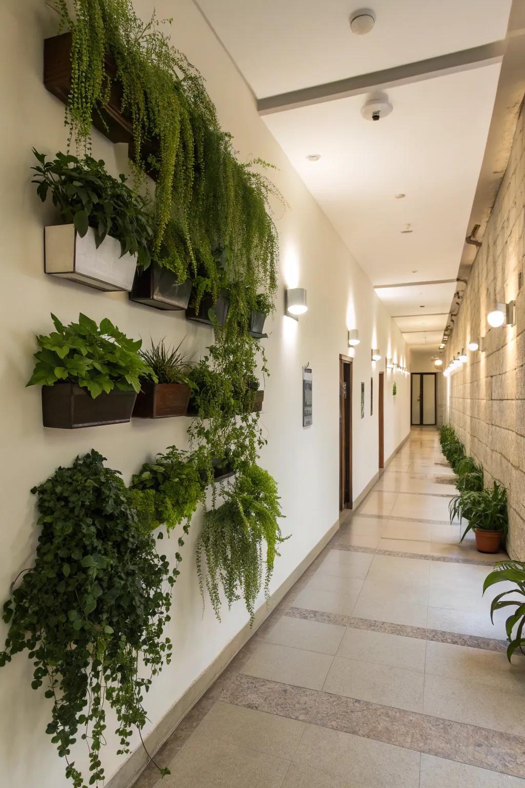 Greenery can infuse a hallway with a revitalizing and vibrant touch.