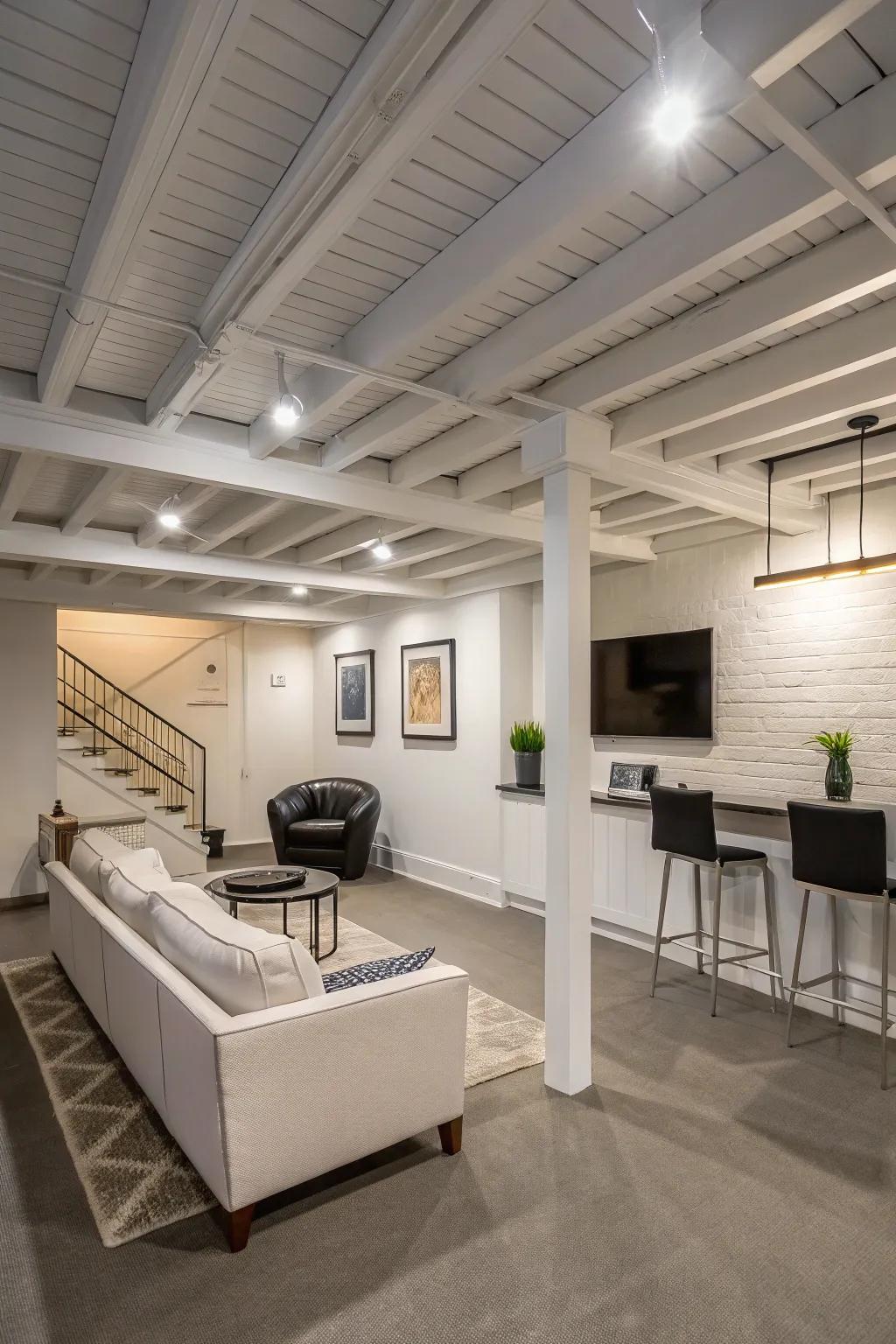 Painted beams add architectural interest and visual height to the ceiling.