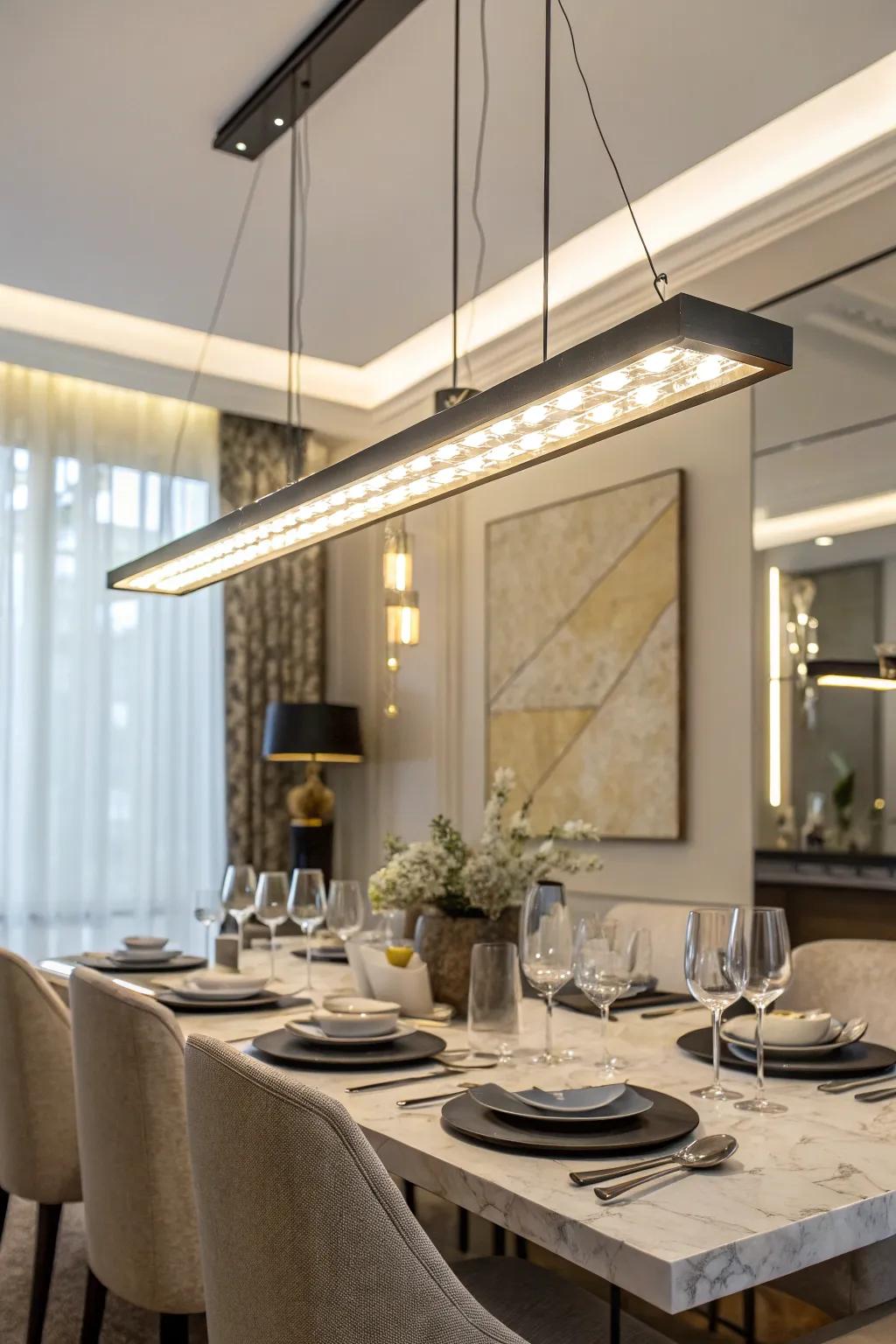 A sleek linear pendant light over a dining table.