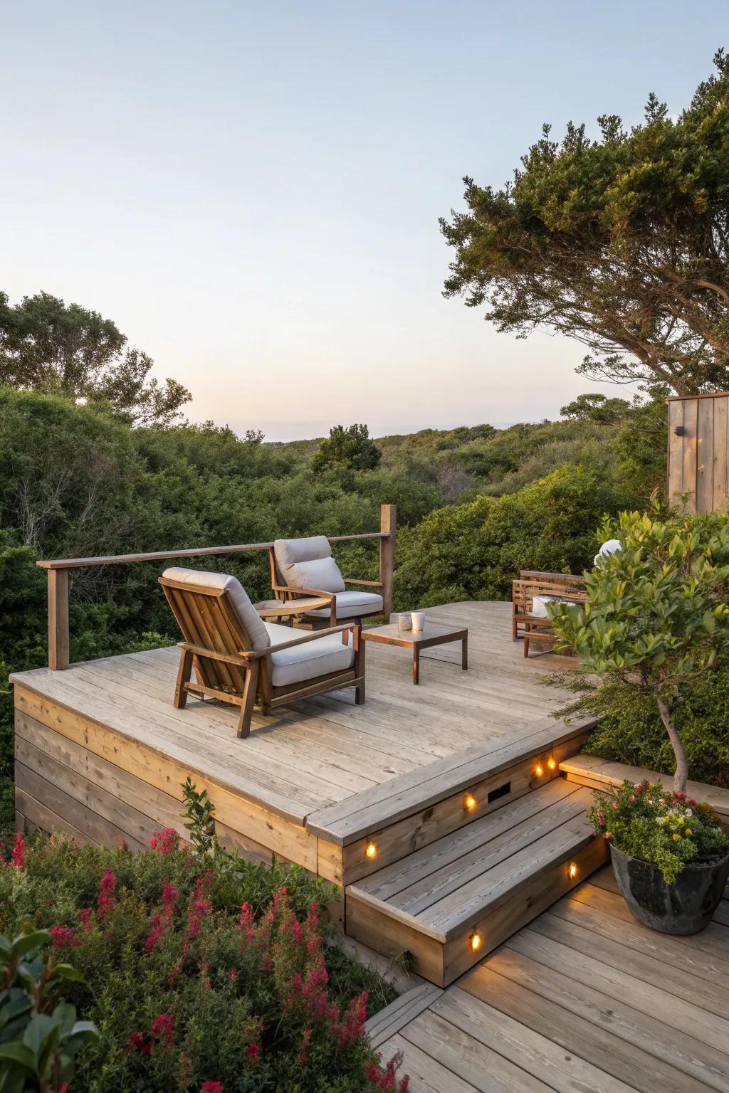 A raised deck featuring integrated wooden seating.