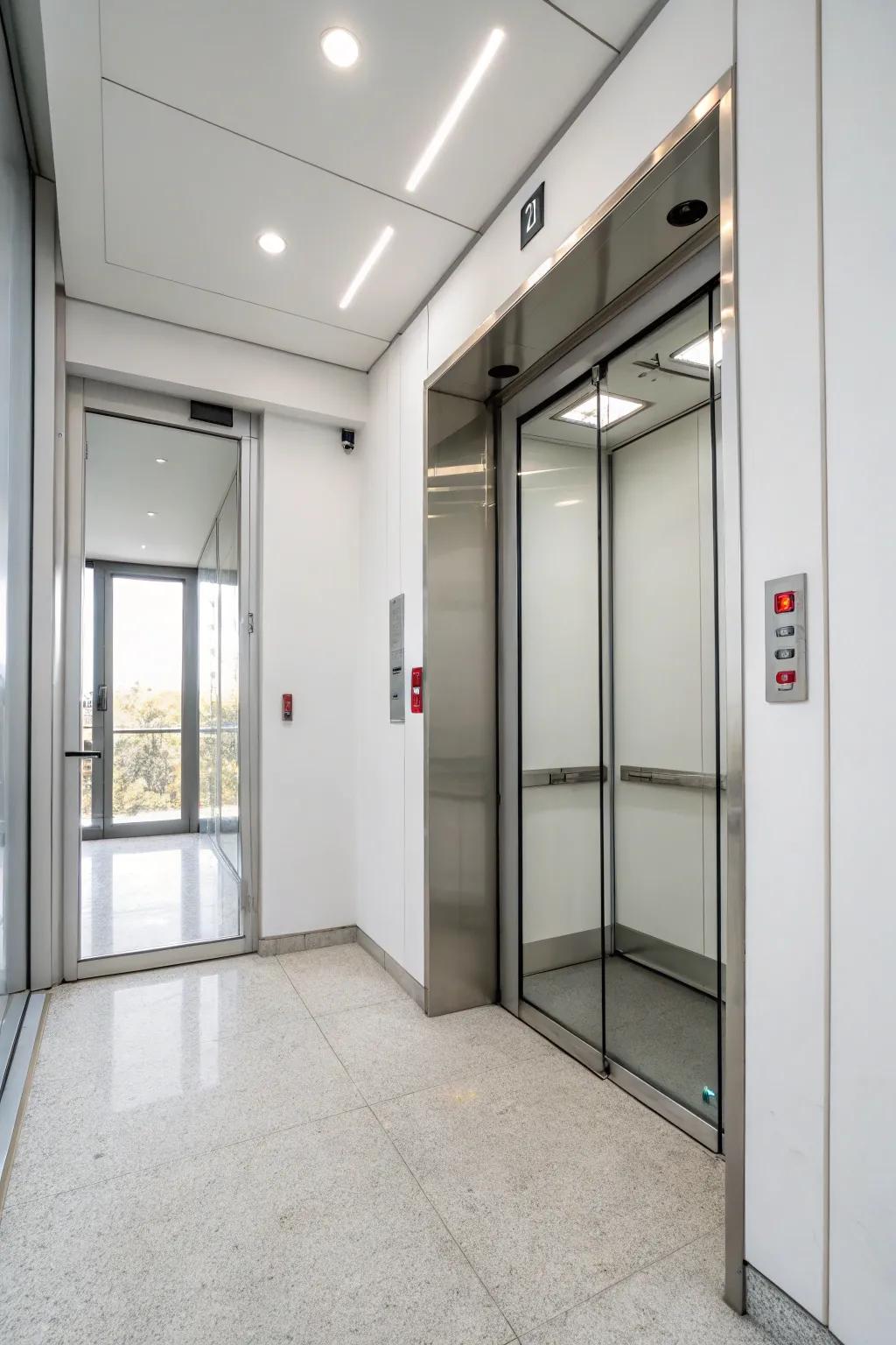 A minimalist approach to elevator design emphasizes simplicity and space.