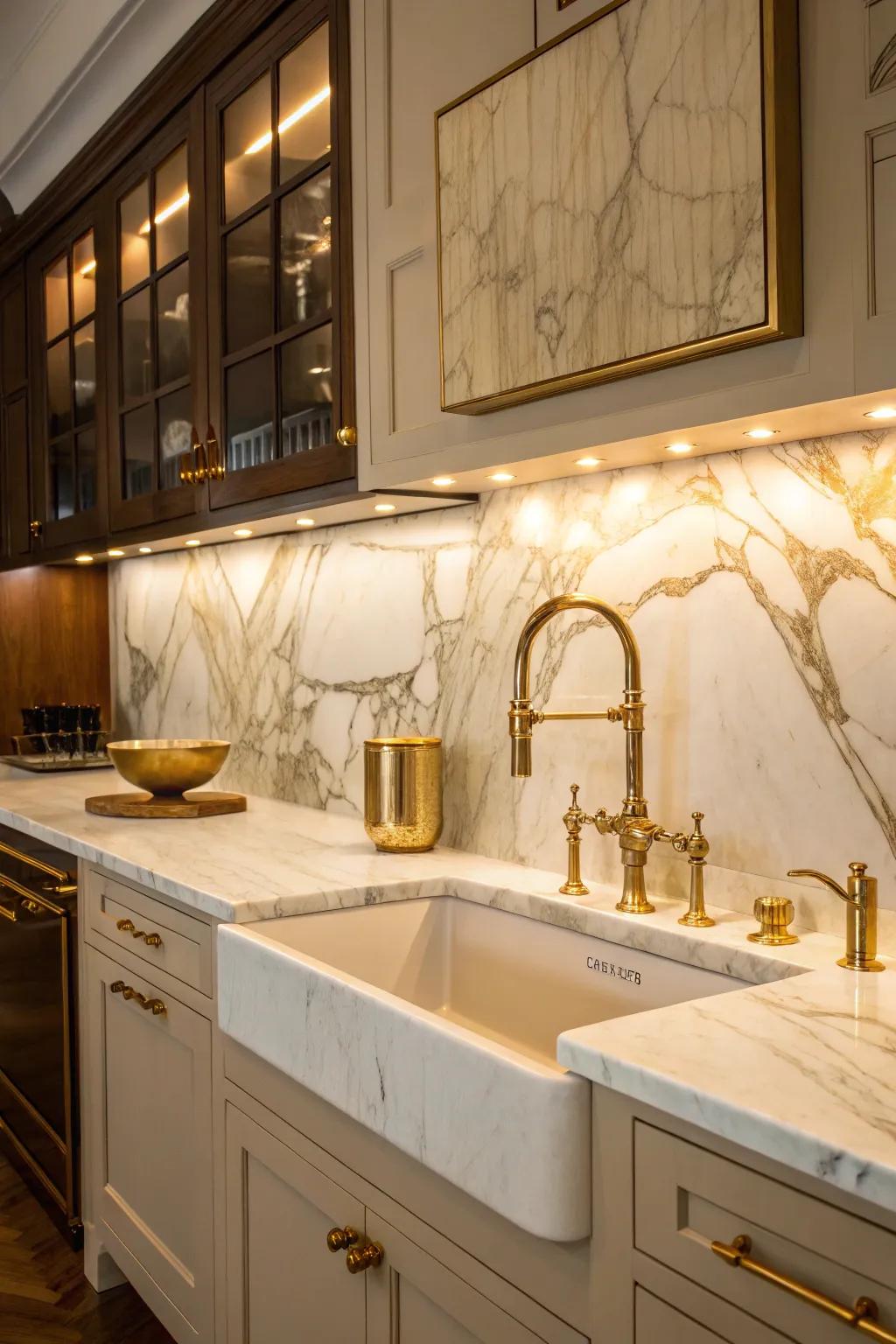 An opulent kitchen design featuring a stone panel with gold accents.