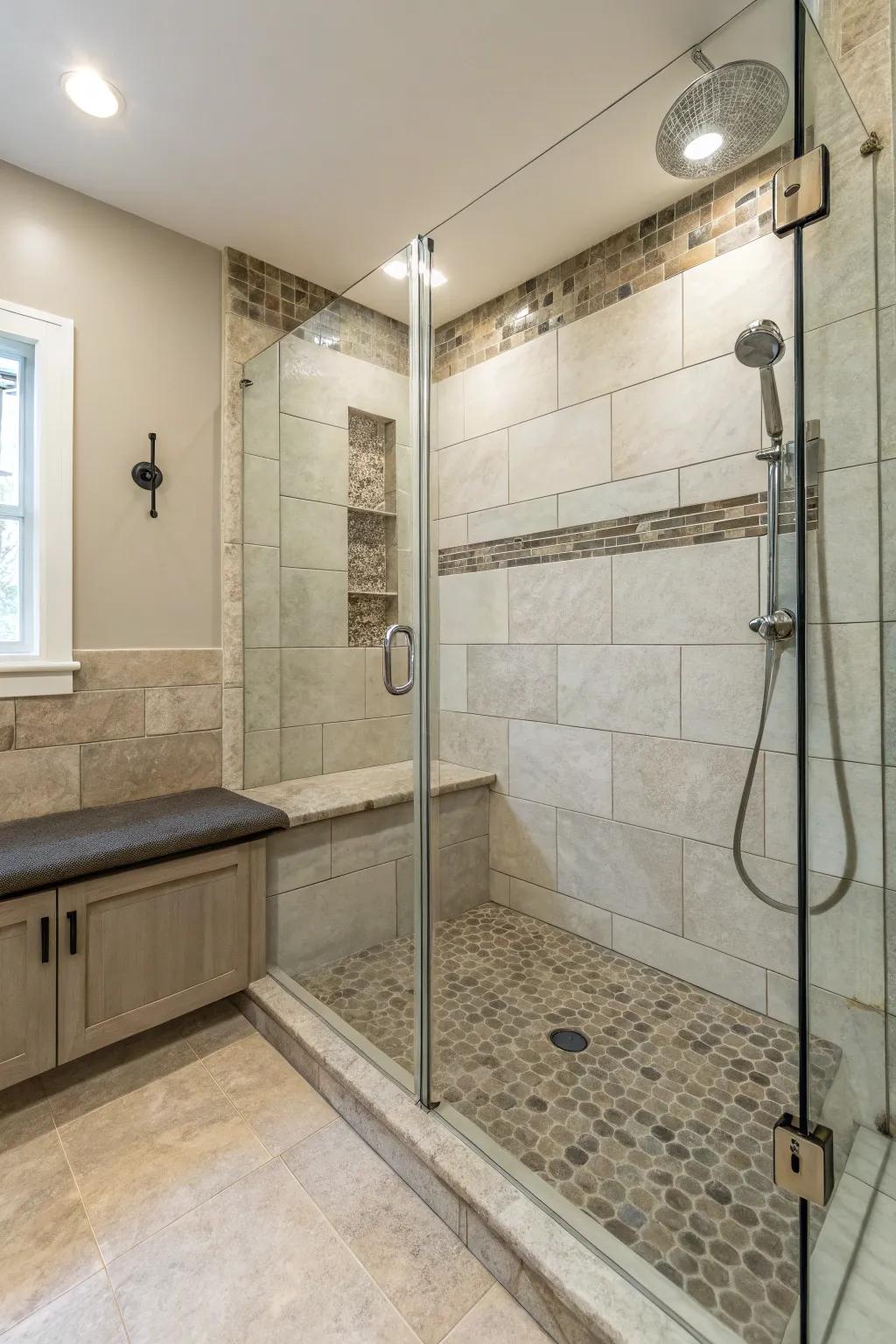 A walk-in shower featuring a comfortable built-in bench.