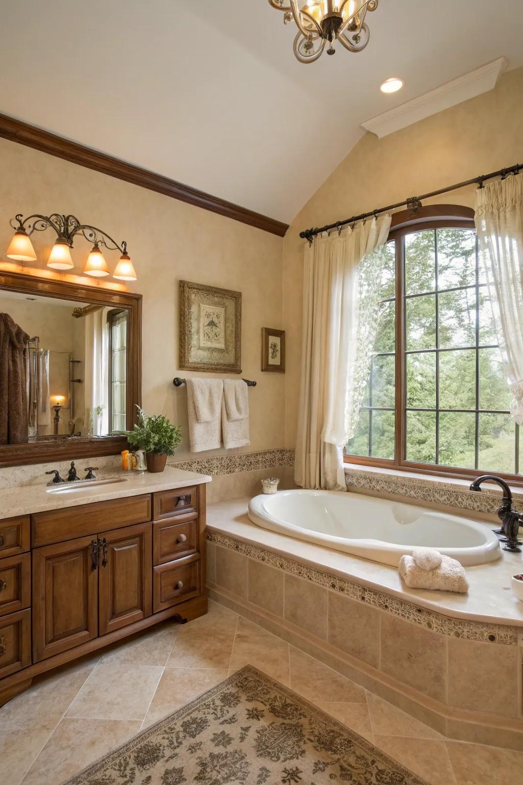 A calming neutral color scheme envelops the master bathroom.