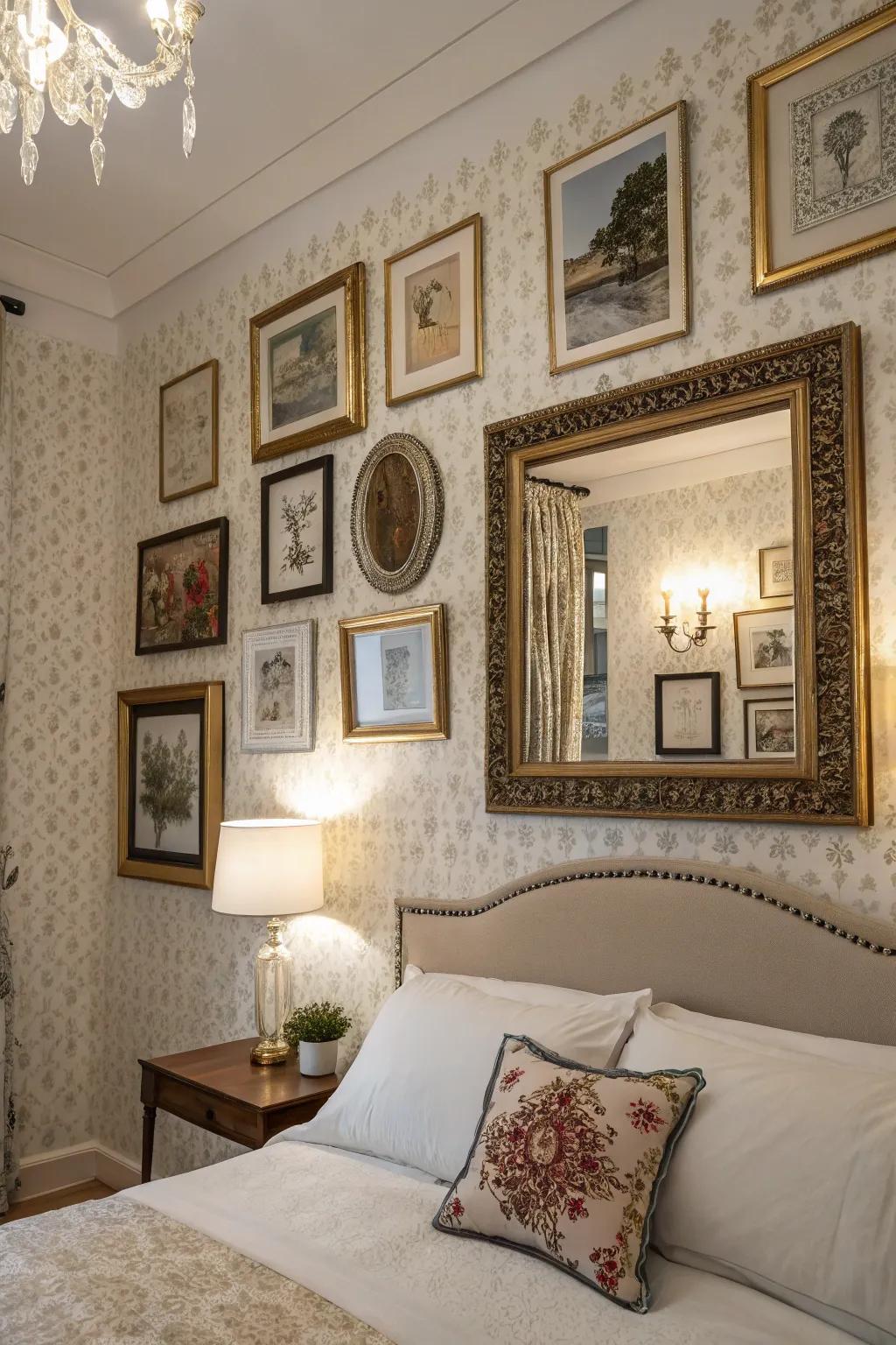A sleeping area wall embellished with framed artwork and reflective surfaces.