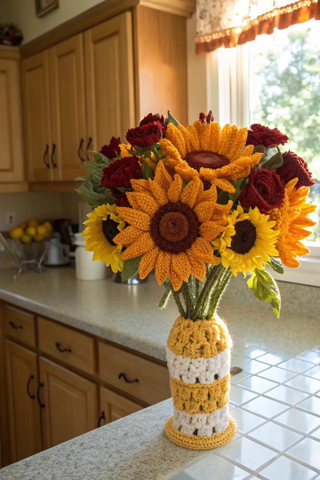 Crochet sunflowers offer everlasting beauty and joy.