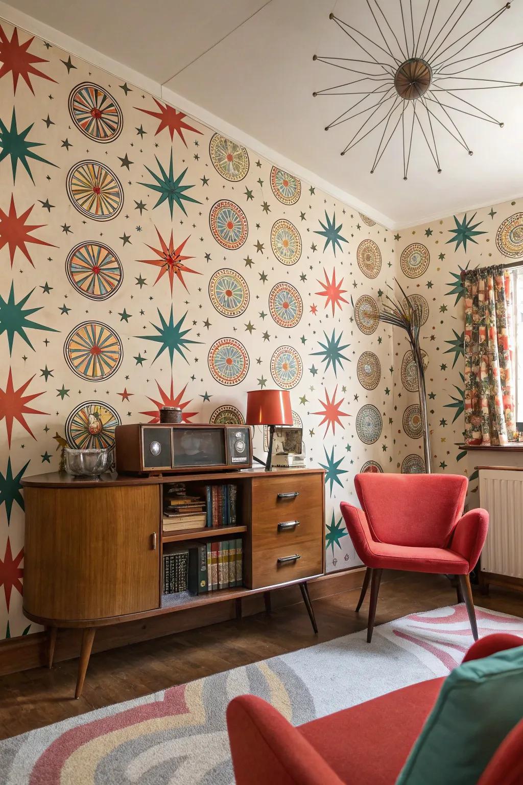 Setting with vintage atomic design wallpaper.