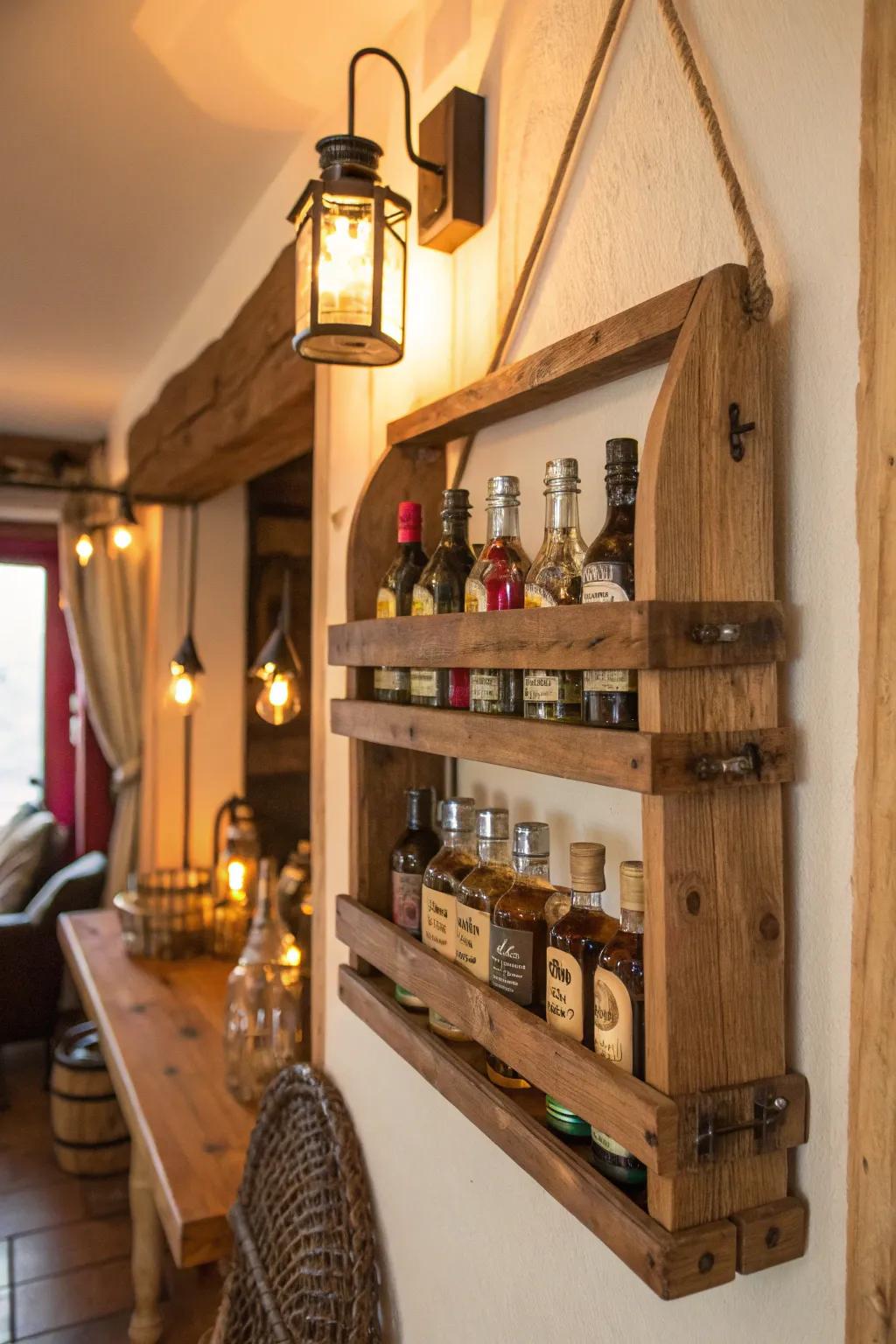 A rustic wooden rack providing a charming home for mini liquor bottles.