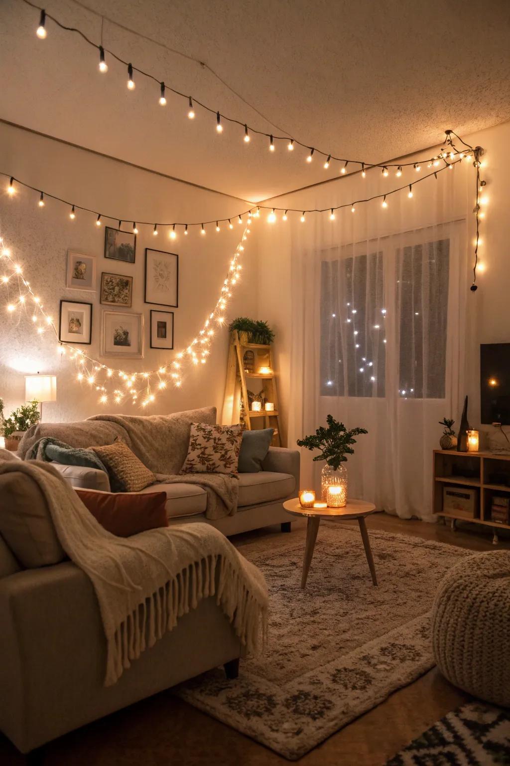 Soft and warm lighting with fairy lights that adds a cozy glow to a minimalist space.