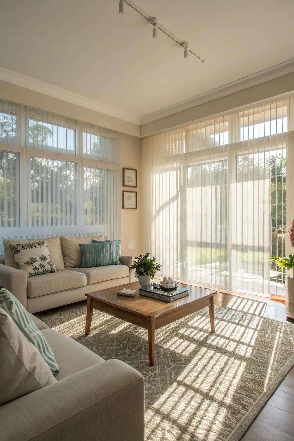 Translucent window coverings construct a mellow, light-filled ambiance.