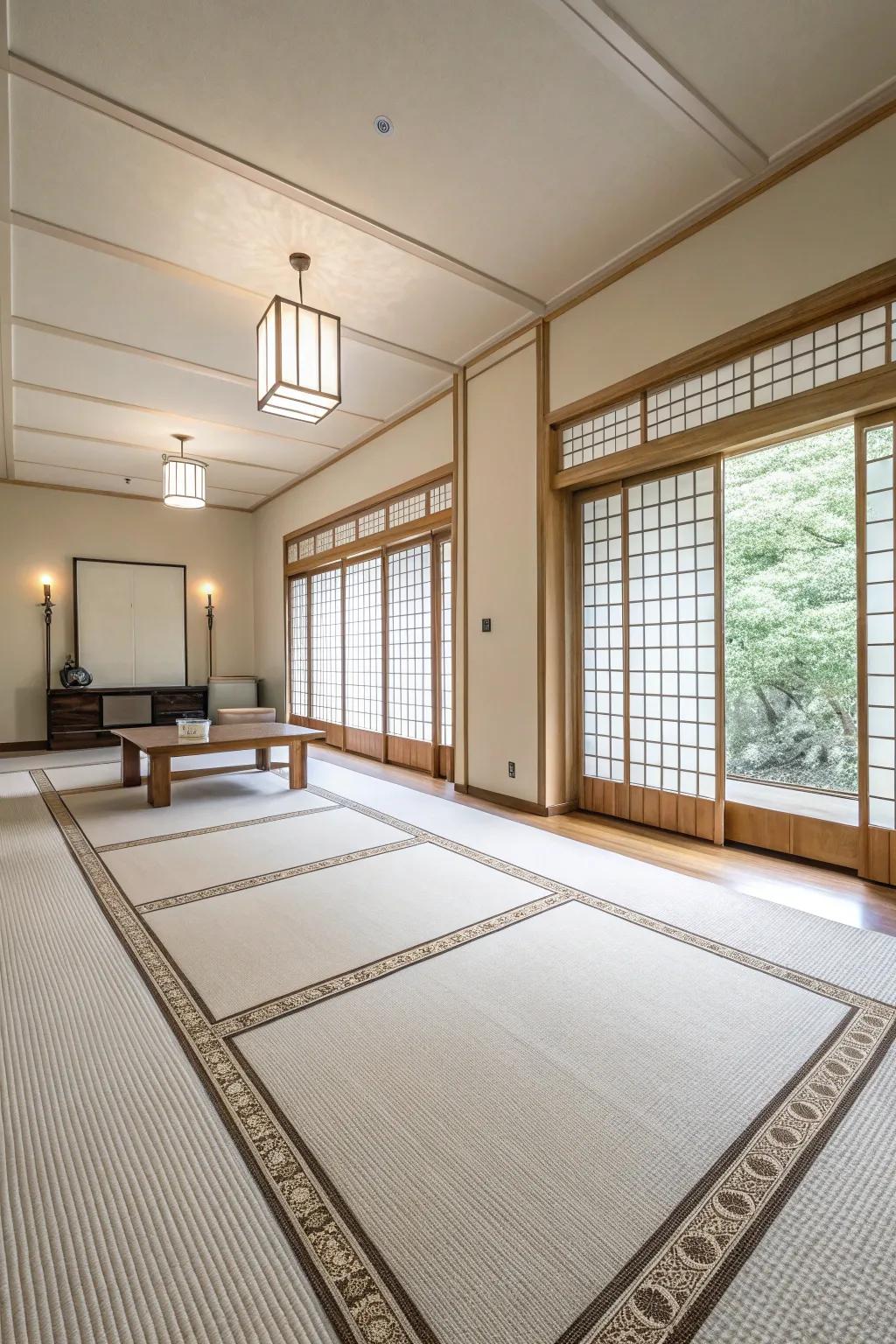 Minimalist room with a simple carpet design, highlighting clean lines