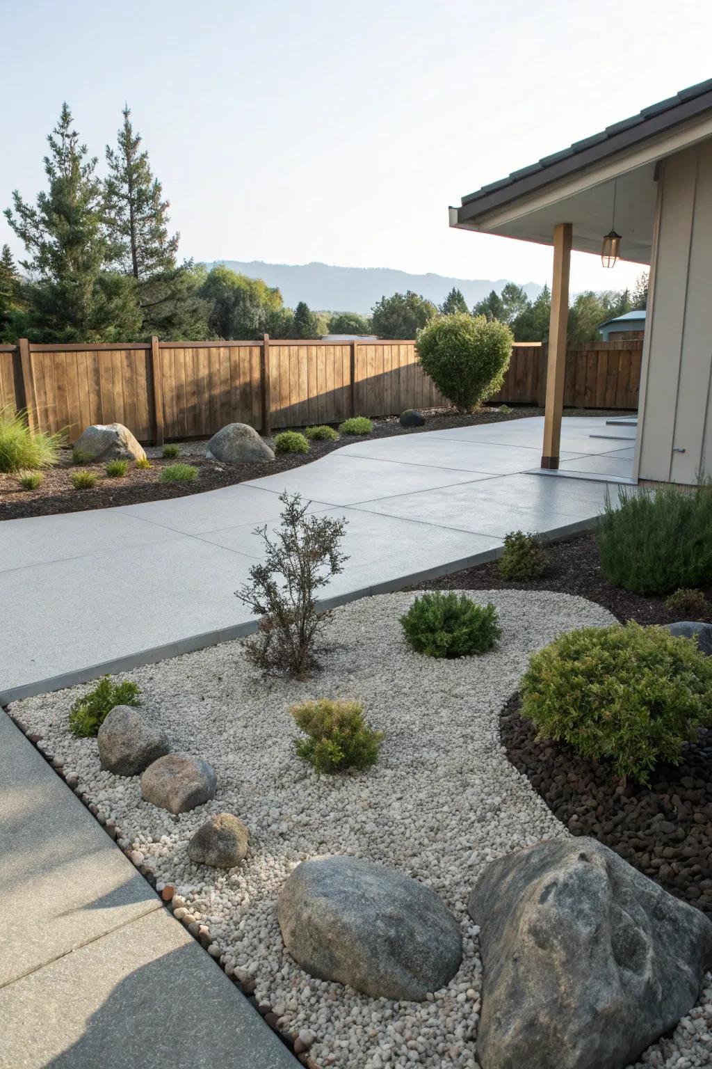 Understated landscaping complements the patio's texture.