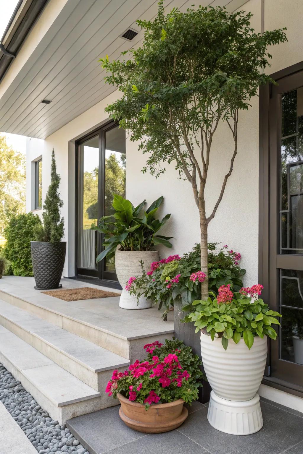 Lush greenery adds a fresh touch to a modern porch.