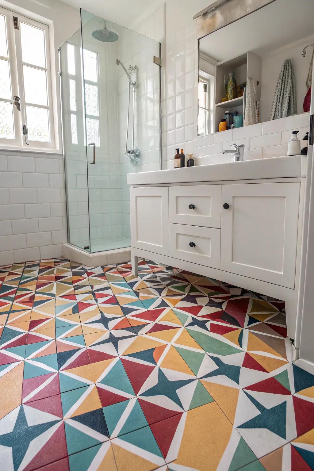 A bathroom with bold geometric patterned floor tiles that add visual interest.