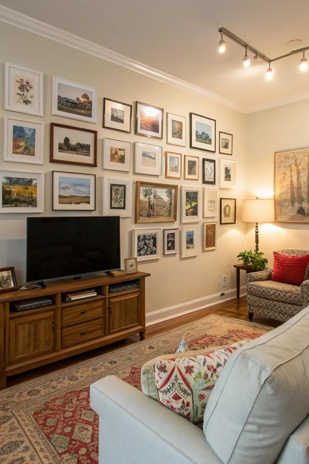 A gallery wall adds a personal touch and visual interest to the living room.