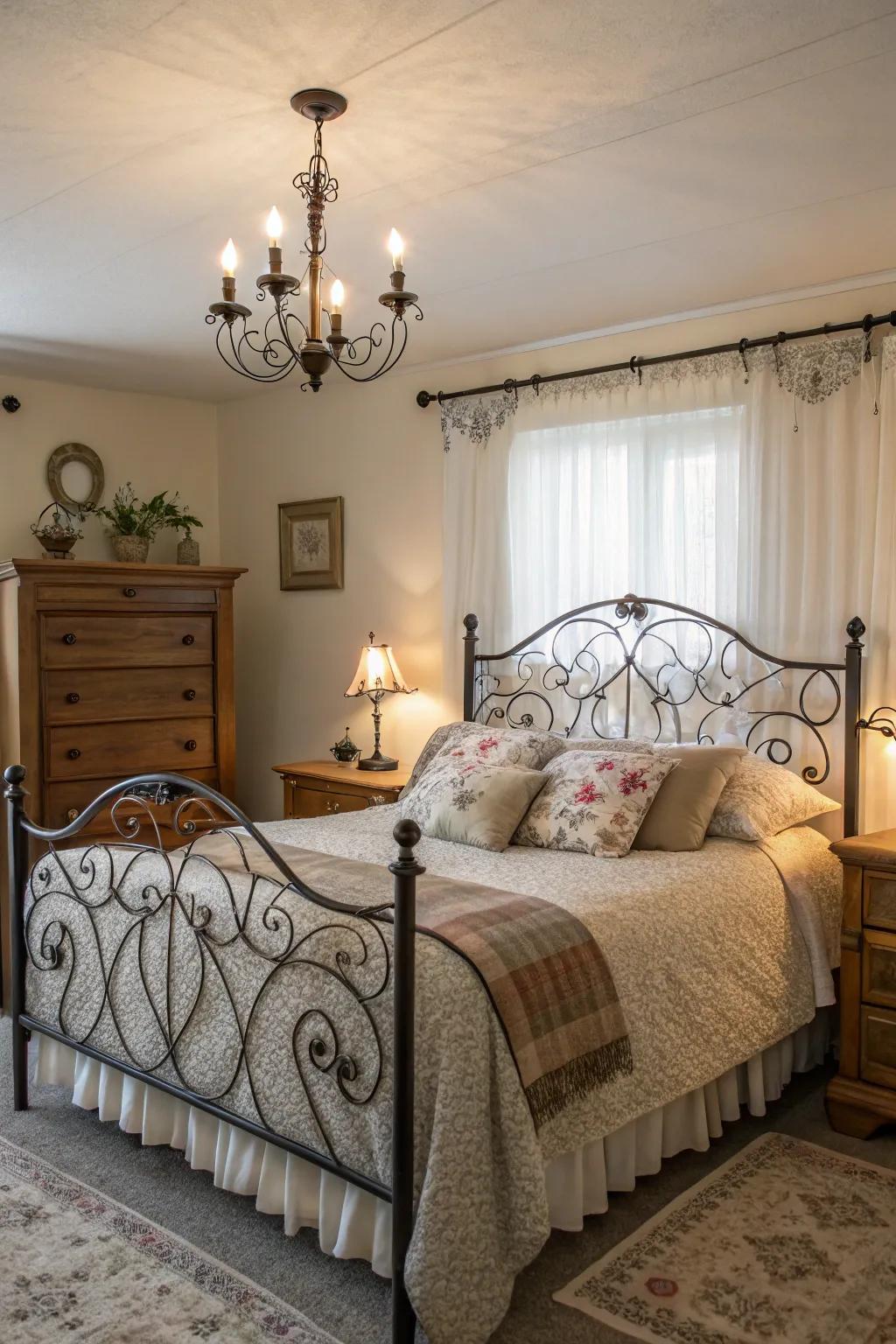 Wrought iron details add a romantic touch to a modern Spanish bedroom.