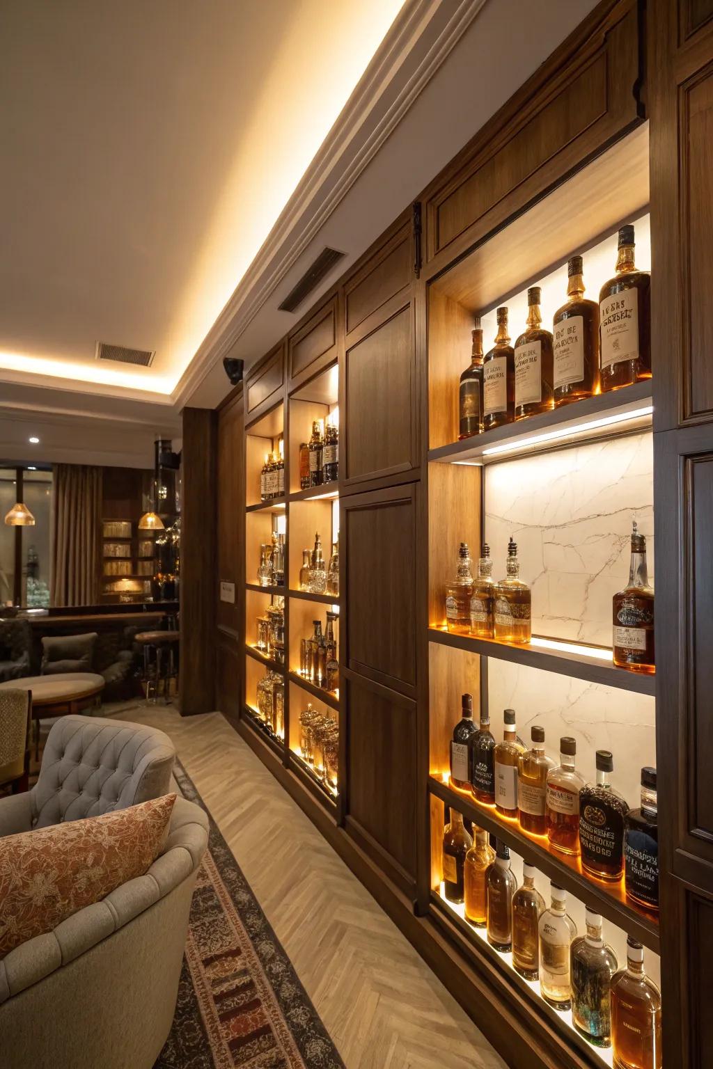 A well-organized whiskey display becomes the focal point of your room.