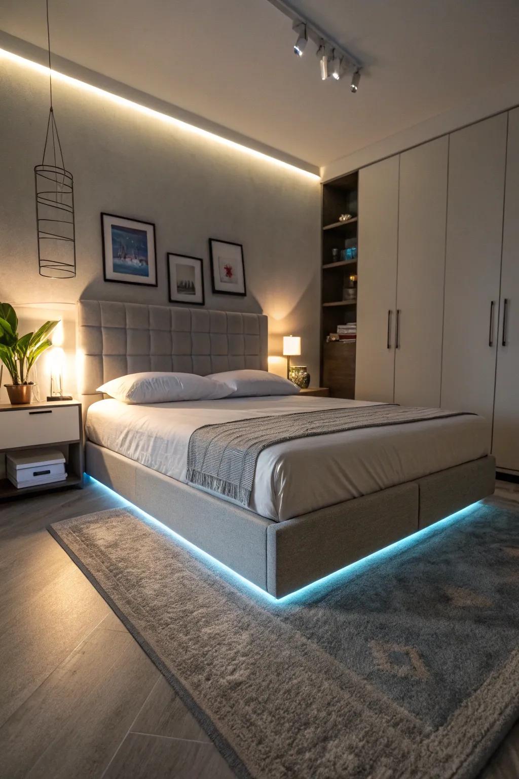 Contemporary sophistication with under-bed LED lighting.
