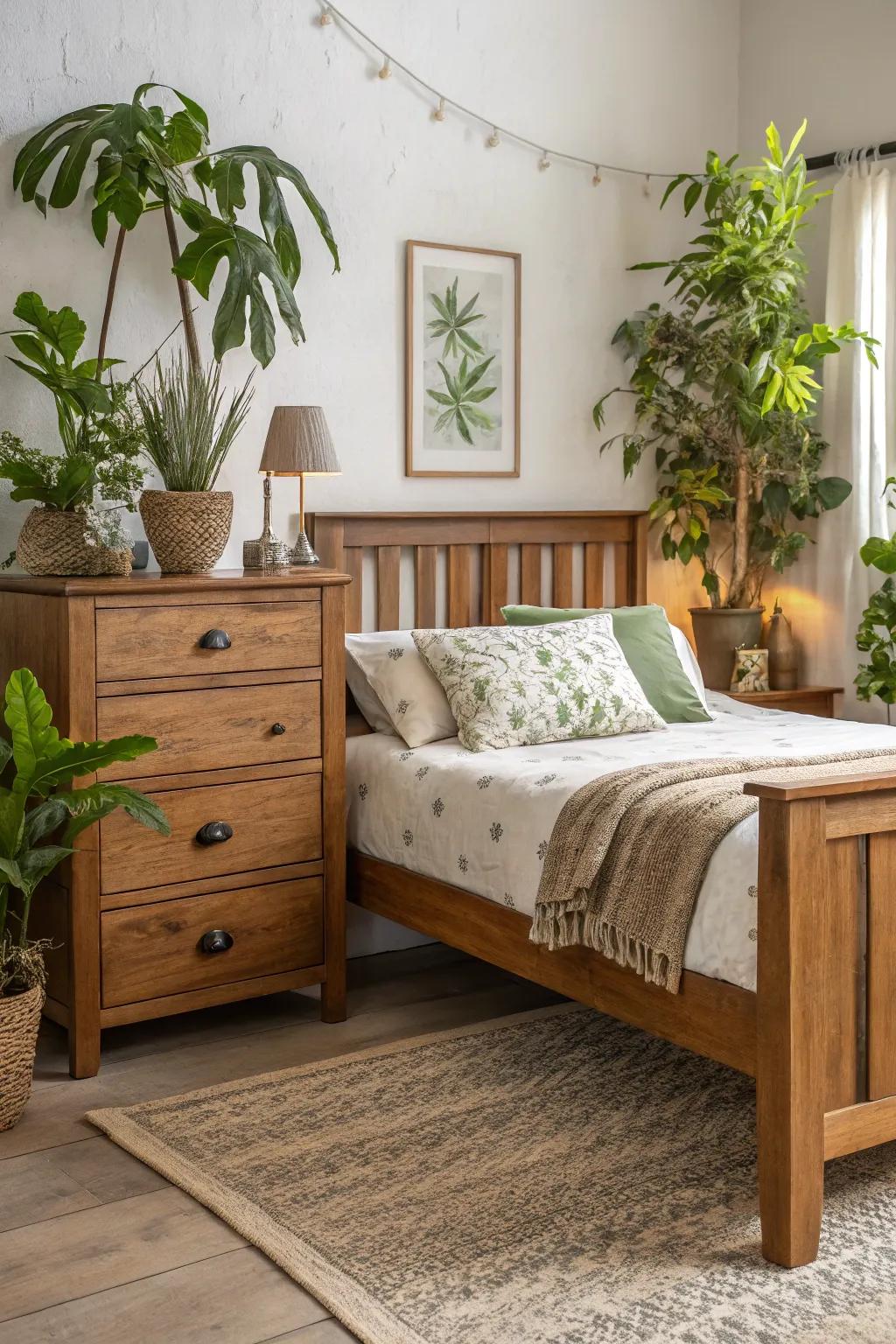 A bedroom with wooden furniture and potted plants.