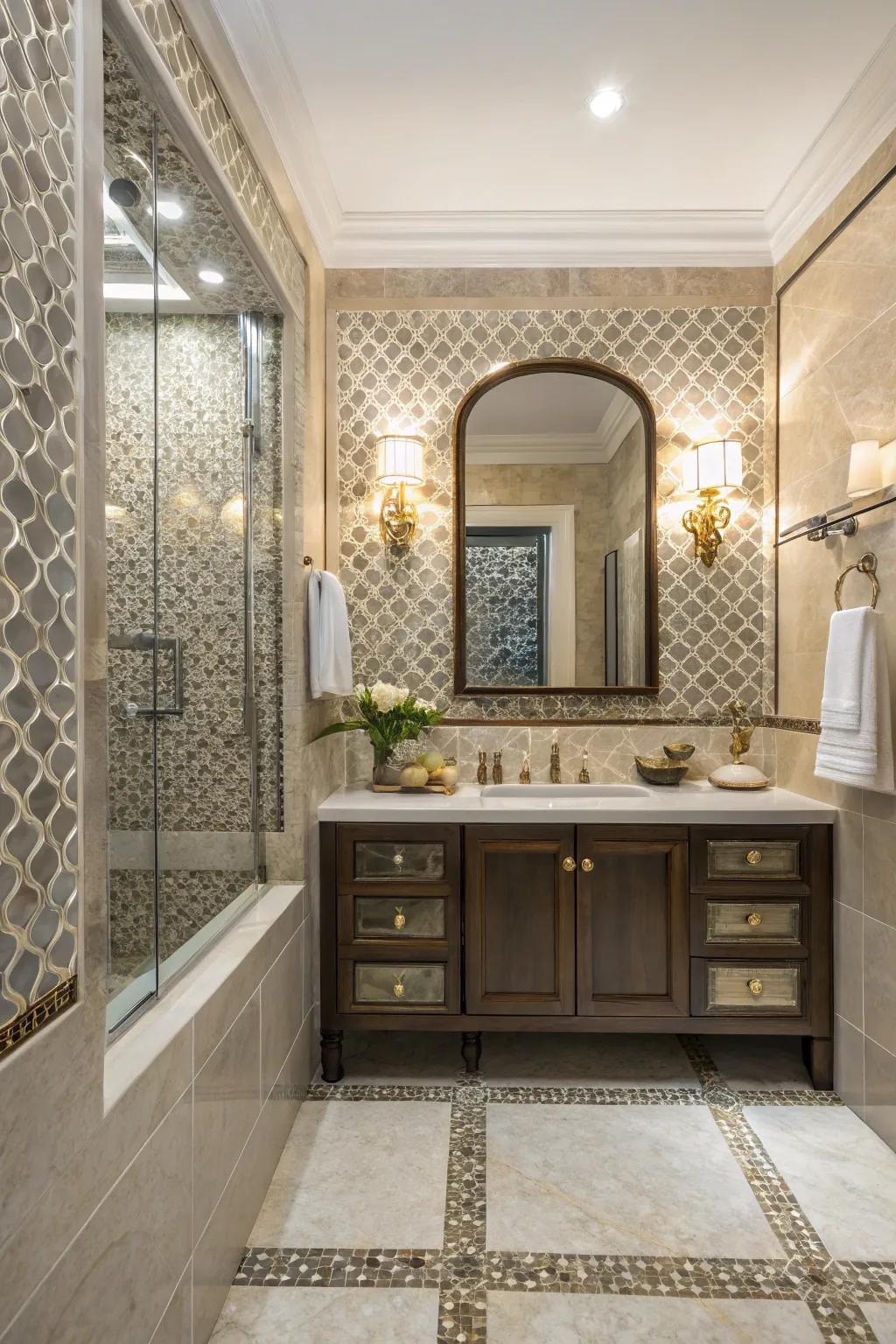 A bathroom showcasing a mix of textured mosaic tiles for added depth.