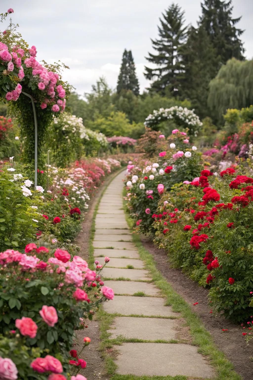 Moss roses create a vibrant border along a garden path.