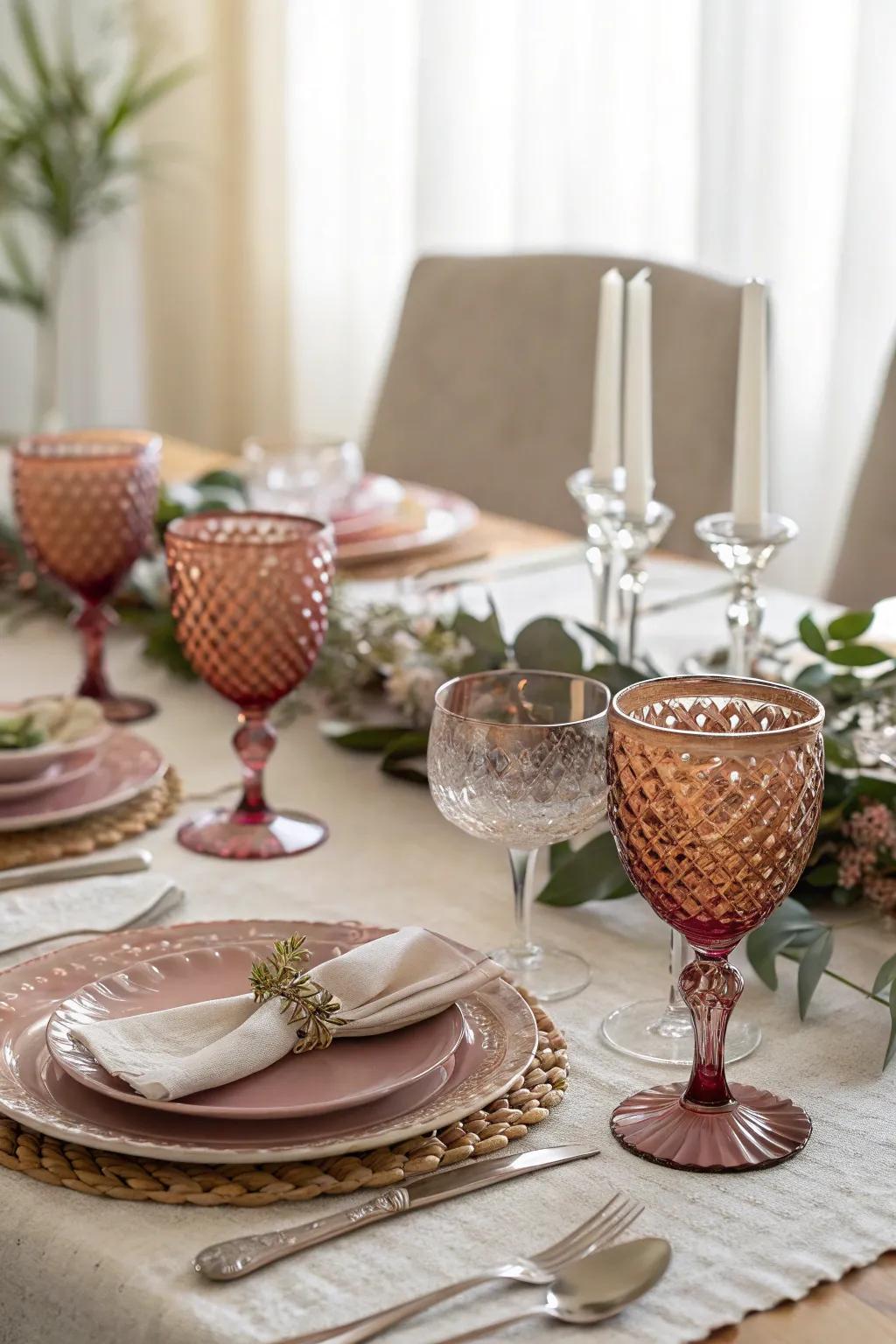 Tinted glassware adds a splash of color to the table.