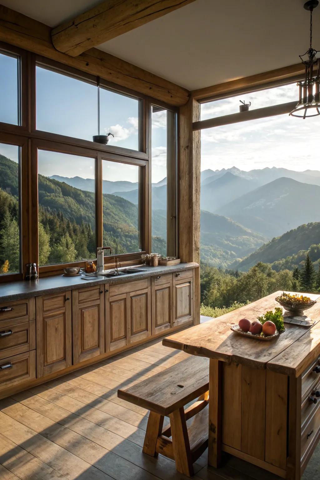 Large windows frame the picturesque mountain views, bringing the outdoors in.